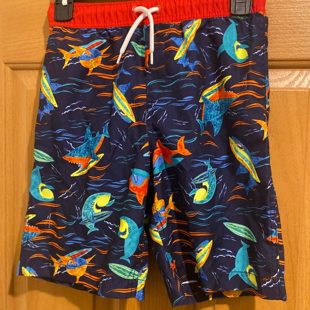 Lands' End Kids Shark Print Swim Trunks - Red and Blue
